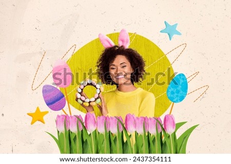Banner picture collage of cheerful lovely girl showing traditional food chocolate eggs handmade wreath isolated on drawing background