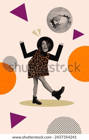 Vertical collage picture of positive carefree black white colors girl dancing clubbing disco ball isolated on creative background