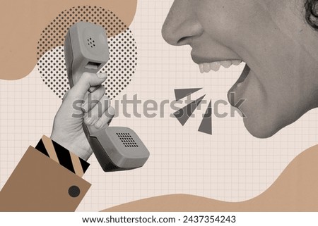 Collage image of black white effect arm hold handset telephone cropped girl face talk isolated on drawing checkered background