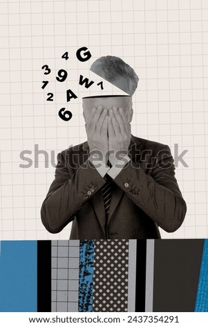 Vertical collage picture senior businessman hide face depression crying half head open letters numbers problem checkered background