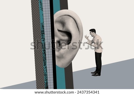 Composite photo collage of young irritated man scream huge ear deaf angry hands wave problem failure isolated on painted background Royalty-Free Stock Photo #2437354341