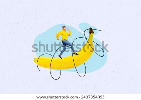 Creative surreal collage picture running young happy girl banana yellow hoodie fresh healthy nutrition diet exotic tropical fruit Royalty-Free Stock Photo #2437354355