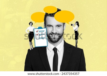 Creative composite photo collage of strict boss give tasks her productive employee scream in loudspeaker isolated on painted background