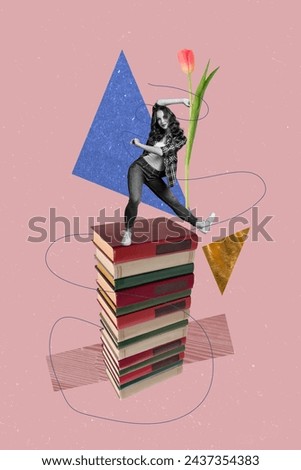 Exclusive magazine picture sketch collage image of excited lady dancing book pile stack rising tulip flower isolated pink color background