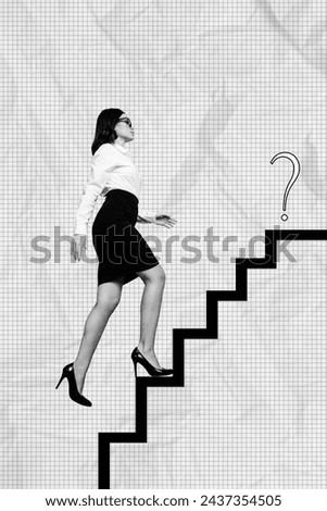 Vertical creative collage poster young attractive woman climb upstairs question mark business solution checkered background