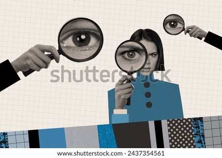 Creative photo collage picture young girl hold zoom magnifying glass enlarger look investigate examine peek eye checkered background