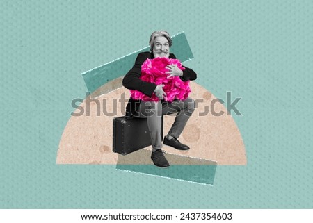 Picture collage sitting mature pensioner suitcase hold huge bunch flowers plant spring holiday 8 march womens day preparation present