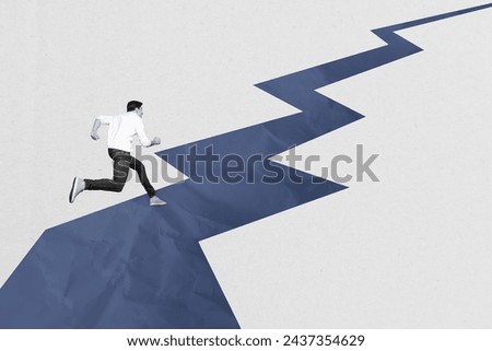 Photo collage picture running determined persistent man towards dream goal achievement self improvement path road white background