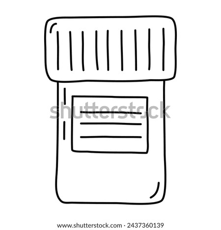 Plastic container or jar with label for medicine or pills, flat vector outline for coloring book