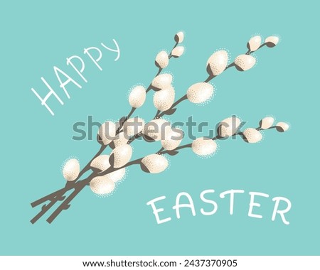 Spring twigs willow tree blossom. Happy Easter greeting card. Vector illustration in flat style on a blue background. Royalty-Free Stock Photo #2437370905