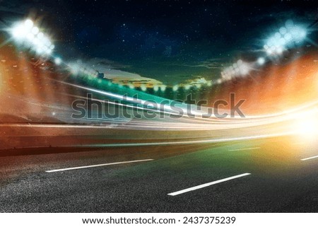 Picture of a football field at night. The stadium was created in 3D without using existing references. Pitch night before the game. Road with lines of lights green . car display stand