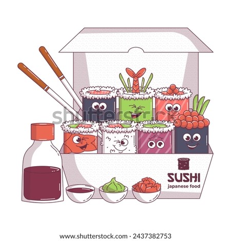 Vintage Japanese food characters Sushi, roll and more packed in cardboard  packing groovy style. Cartoon design seafood art for bar, restaurant. Retro vector illustration Royalty-Free Stock Photo #2437382753