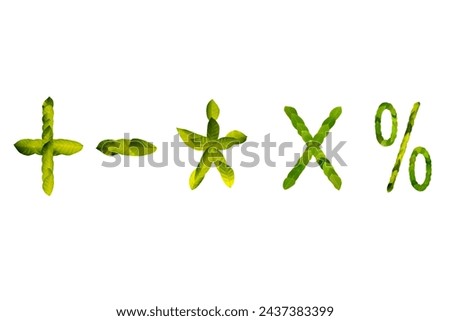 Images of leaves arranged into separate keyboard active symbols on a white background.