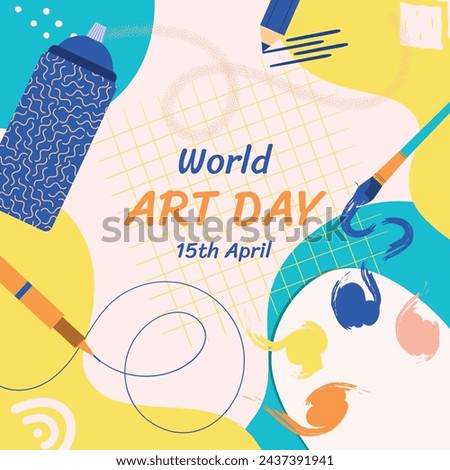 World Art Day background. World Art Day Celebration. April 15. Cartoon Vector illustration design Template for Poster, Banner, Flyer, Card, Post, Cover, competition, Event. painting, paint and brush.