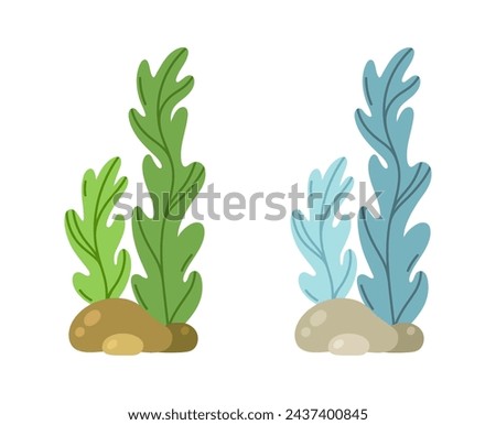Ocean algae vector illustration. Edible sea grass, kelp. Colorful green seaweed on the seabed among the stones. Aquatic reef deep-water plant. Hand drawn cartoon doodle. Simple flat isolated clipart