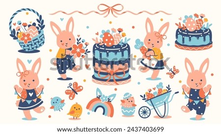 Spring clip art set. Traditional Easter Bunny. Cute funny rabbit in endearing poses, colorful basket with Easter eggs and flowers. Cartoonish vector sticker set for charming Easter-themed content.