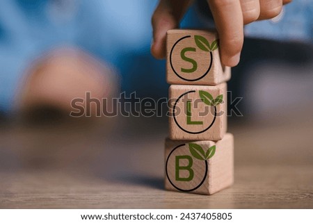 A stack of wooden blocks with the letters SLB on them. The blocks are arranged in a pyramid shape