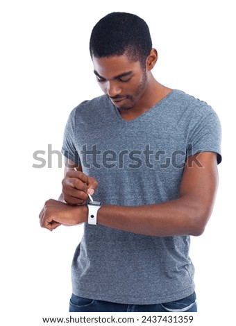 Pen, black man or screen on smart watch technology or planning for schedule isolated on white background, Studio, arm or African person on gadget or network for futuristic application or notification Royalty-Free Stock Photo #2437431359