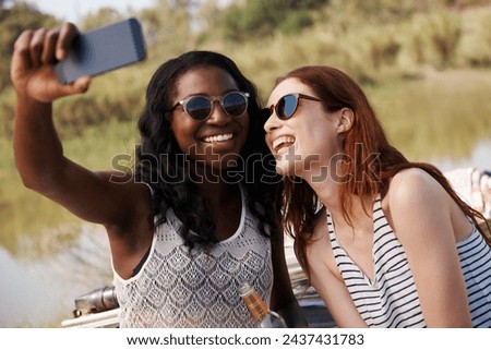 Women, selfie or vacation on road trip in countryside, memory or travel adventure for social media in nature. Ladies, cellphone or profile picture in suv on holiday, care or bonding together by farm