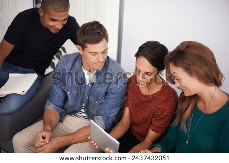 Friends, smile and tablet on sofa with discussion for social media post, streaming or web search. Group of people, couch and bonding with technology for internet, online film and relaxing together