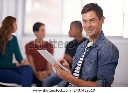 Portrait, happy and business man with tablet in office, startup or company for creative job in workplace. Face, professional and smile of entrepreneur with technology, coworking and editor in meeting