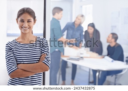 Portrait, happy and arms crossed with architect woman in office for building, construction or planning. Architecture, design and smile with industry professional in workplace for civil engineering
