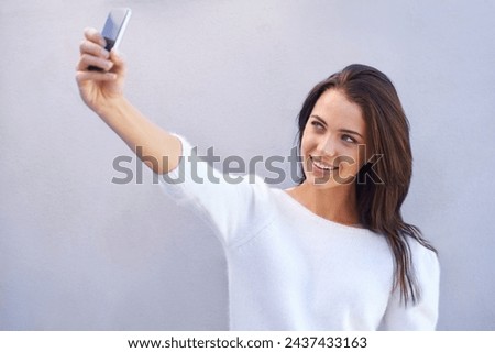 Happy, woman and selfie smile of female person on social media post for browsing and information search. Internet, online photo and web connection for communication and technology with young girl