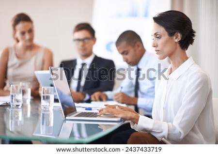 Woman, boardroom and typing in laptop on meeting to brainstorm for contract, paperwork and teamwork. Business people, personal assistant and confident in table with strategy, feedback and company