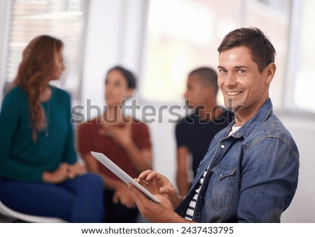 Portrait, smile and businessman with tablet in meeting, office or startup company for creative job in workplace. Face, professional and happy entrepreneur with technology, coworking and editor online