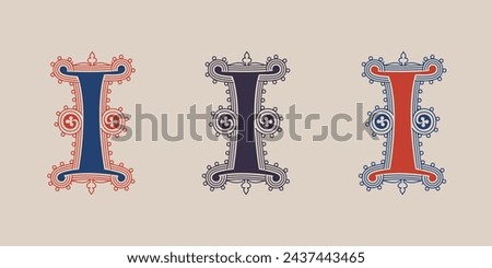 1 logo. Number one illuminated gothic monogram with naturalistic flowers ornament. Dark age german drop cap. Classic medieval red and blue Latin initials font based on XIV century manuscript.