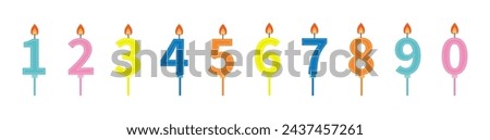 Happy Birthday candle number set line. Numbers with fire flame. Different bright color. Flat design. Clip art elements for invitation, birthday card. Isolated. White background. Vector illustration