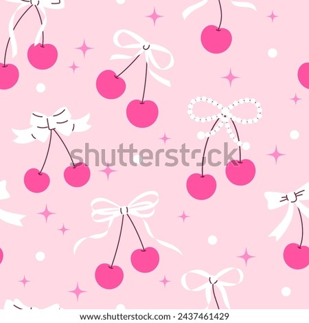 Seamless groovy pattern with cherries and bows. Hand drawn vector illustration. Cartoon style trendy romantic background. Coquette core cute design.