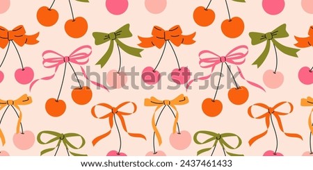 Seamless groovy pattern with cherries and bows. Hand drawn vector illustration. Cartoon style trendy romantic background. Coquette core cute design.
