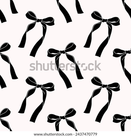 Cute coquette pattern seamless black ribbon bow. Cute feminine romantic background for textile, fabric, wallpaper, wrapping.