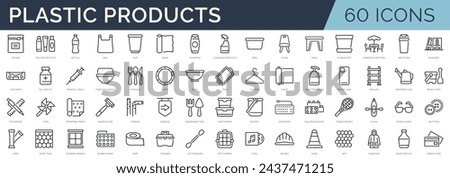Set of 60 outline icons related to plastic products. Linear icon collection. Editable stroke. Vector illustration