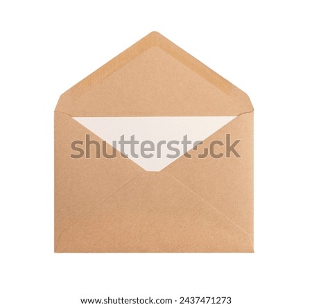 Open kraft paper envelope with letter, card inside isolated on white background.