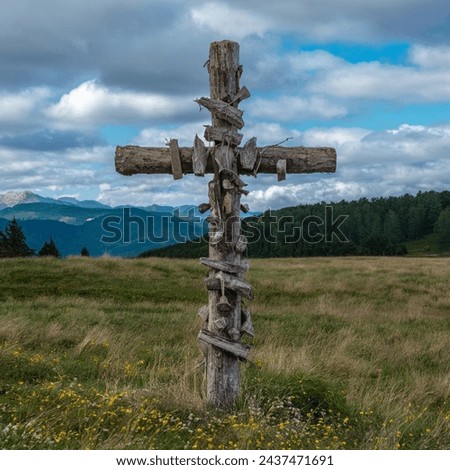 I need a picture of a wooden cross made out of rough logs standing in a rural european wilderness