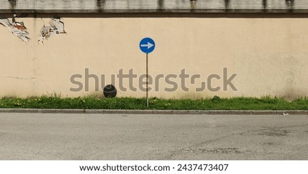 One way arrow traffic sign on sidewalk covered with grass and flowers. Grunge pale  yellow plaster wall and street in front. Background for copy space. 