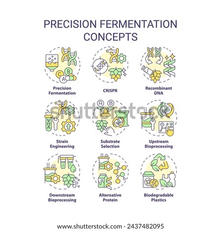 Precision fermentation multi color concept icons. Food genetic modification. Artificial selection, synthetic biology. Icon pack. Vector images. Round shape illustrations for article. Abstract idea