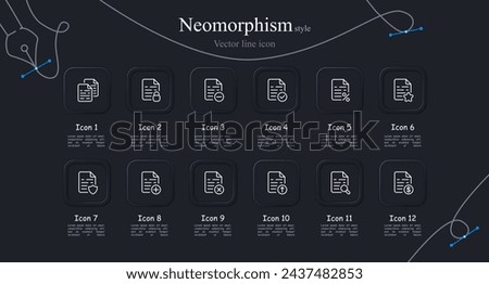 File icon set. Information, minus, tick, plus, cross, marking. spelling, search. dollar. Neomorphism style. Vector line icon for business and advertising