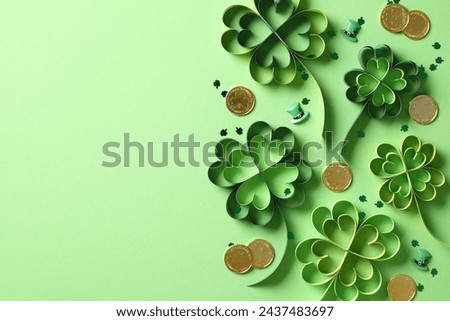 Four leaf clover paper cut, gold coins, and confetti on green background. Saint Patricks Day banner design