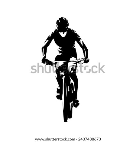 Cycling, man riding a mountain bike, front view, isolated vector silhouette