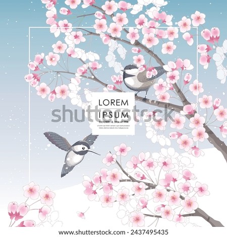 Vector editorial design frame of Korean spring scenery with cherry trees in full bloom. Design for social media, party invitation, Frame Clip Art and Business Advertisement