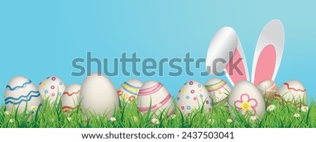 Easter banner with colored easter eggs and hare ears in the green grass. Eps 10 vector file. Royalty-Free Stock Photo #2437503041