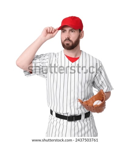 Baseball player with leather glove and ball on white background