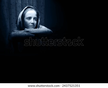 Young kid tired lost lady sit fail grief mood feel weep cry teen prayer pray ask God faith hope text space. Poor retro scarf devot adult tramp eye look see angry ill sick hate war pain wait love shame Royalty-Free Stock Photo #2437521351
