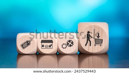 Wooden blocks with symbol of purchase concept on blue background