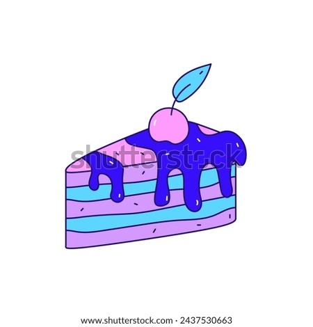 Piece of cake with cherry colorful doodle vector illustration. Hand drawn outline food art. Sweet dessert with melting cream. Isolated element on white background. Icon, logo for bakery confectionery
