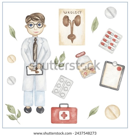 Watercolor doctor clipart, hand drawn illustration. doctor and supplies, kids school card clip art, educational, cute children graphics with professions.