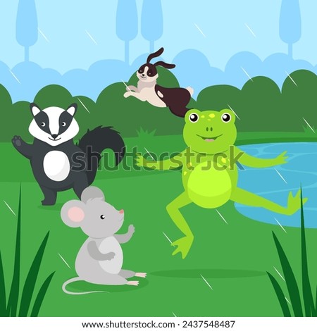 Frog, mouse and rat in the park. Vector illustration.